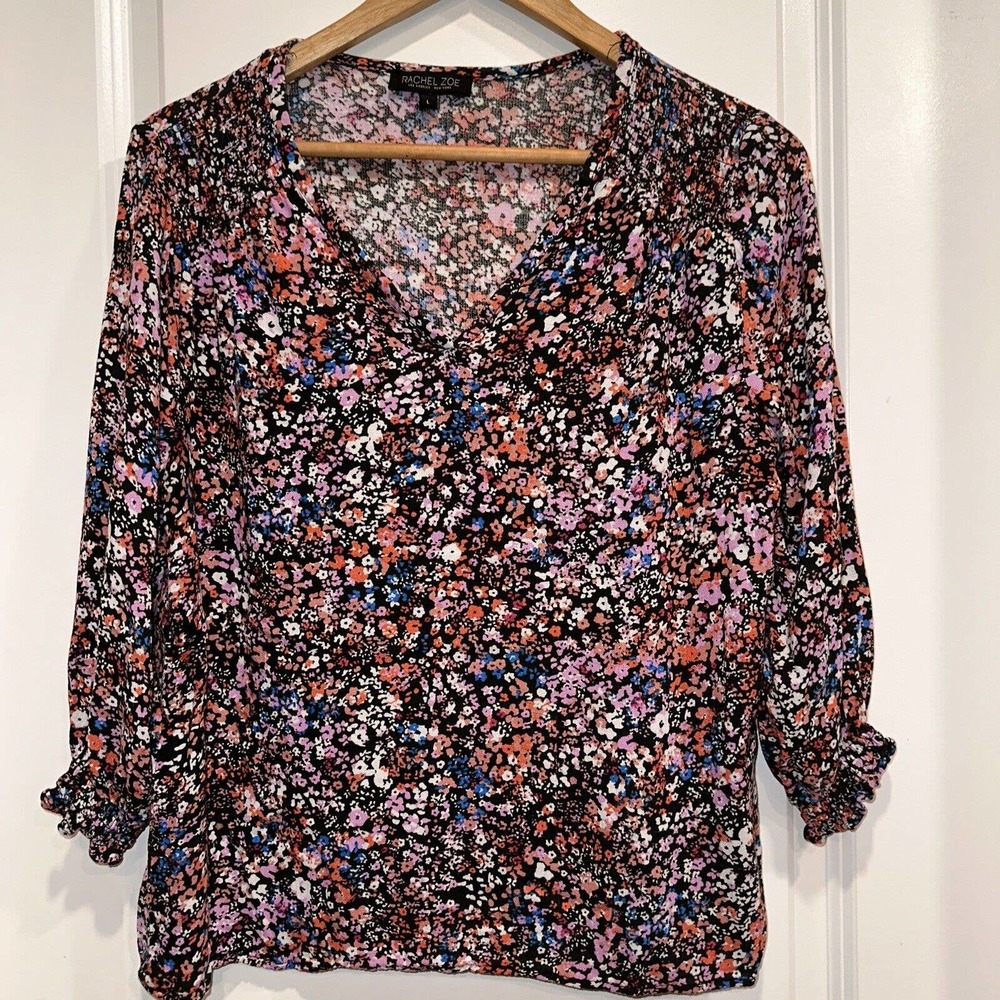 Rachel Zoe Womens Large Floral Blouse Artsy Boho 3/4 Sleeve V Neck Top